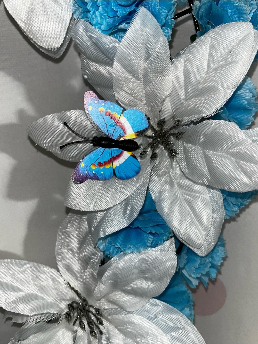 Blue & White Holiday Wreath with Butterfly Accents Hand Crafted - Picture 11 of 16